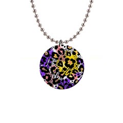 Black Leopard Print With Yellow, Gold, Purple And Pink 1  Button Necklace by AnkouArts