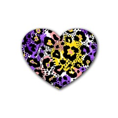 Black Leopard print with yellow, gold, purple and pink Rubber Coaster (Heart) 