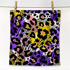 Black Leopard Print With Yellow, Gold, Purple And Pink Face Towel by AnkouArts