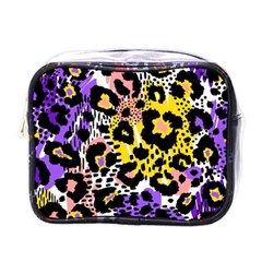 Black Leopard Print With Yellow, Gold, Purple And Pink Mini Toiletries Bag (one Side) by AnkouArts