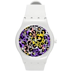 Black Leopard print with yellow, gold, purple and pink Round Plastic Sport Watch (M)