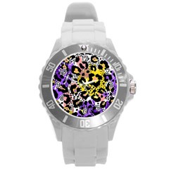 Black Leopard print with yellow, gold, purple and pink Round Plastic Sport Watch (L)