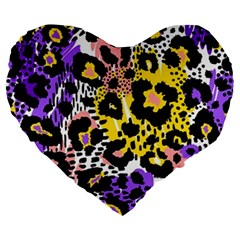 Black Leopard print with yellow, gold, purple and pink Large 19  Premium Heart Shape Cushions