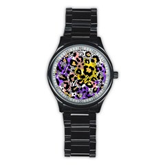 Black Leopard print with yellow, gold, purple and pink Stainless Steel Round Watch