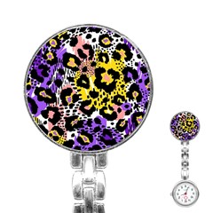 Black Leopard print with yellow, gold, purple and pink Stainless Steel Nurses Watch