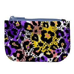 Black Leopard Print With Yellow, Gold, Purple And Pink Large Coin Purse by AnkouArts