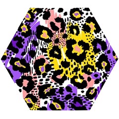 Black Leopard Print With Yellow, Gold, Purple And Pink Wooden Puzzle Hexagon by AnkouArts