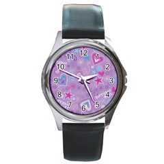  Hearts And Stars On Light Purple  Round Metal Watch