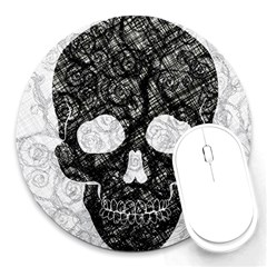 Black Skull On White Round Mousepads by AnkouArts