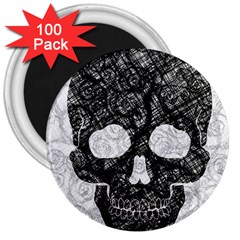 Black Skull On White 3  Magnets (100 Pack) by AnkouArts