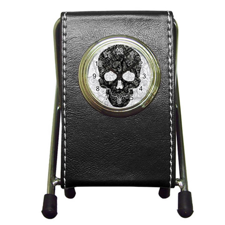 Black skull on white Pen Holder Desk Clock