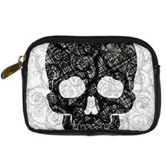 Black Skull On White Digital Camera Leather Case by AnkouArts