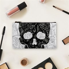 Black Skull On White Cosmetic Bag (small) by AnkouArts