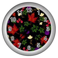 Golden Autumn, Red-yellow Leaves And Flowers  Wall Clock (silver) by Daria3107