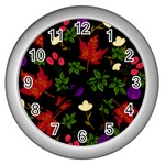 Golden autumn, red-yellow leaves and flowers  Wall Clock (Silver) Front