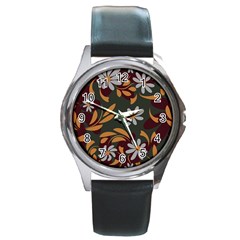 Folk Flowers Pattern Floral Surface Design Round Metal Watch by Eskimos