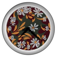 Folk Flowers Pattern Floral Surface Design Wall Clock (silver) by Eskimos