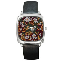 Folk Flowers Pattern Floral Surface Design Square Metal Watch by Eskimos