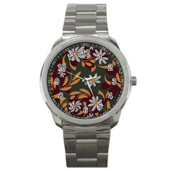 Folk Flowers Pattern Floral Surface Design Sport Metal Watch by Eskimos