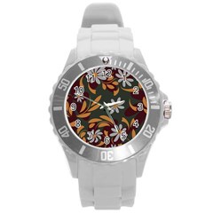 Folk Flowers Pattern Floral Surface Design Round Plastic Sport Watch (l) by Eskimos