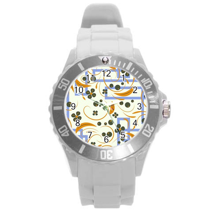 Folk flowers pattern Floral surface design Round Plastic Sport Watch (L)