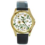 Folk flowers pattern Floral surface design Round Gold Metal Watch Front