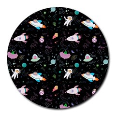 Funny Astronauts, Rockets And Rainbow Space Round Mousepads by SychEva