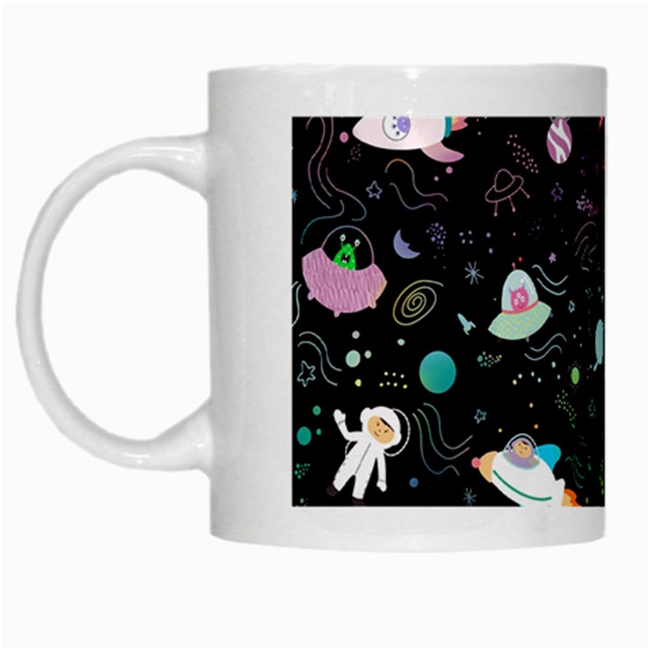 Funny Astronauts, Rockets And Rainbow Space White Mugs