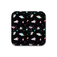 Funny Astronauts, Rockets And Rainbow Space Rubber Coaster (square)  by SychEva