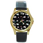 Funny Astronauts, Rockets And Rainbow Space Round Gold Metal Watch Front