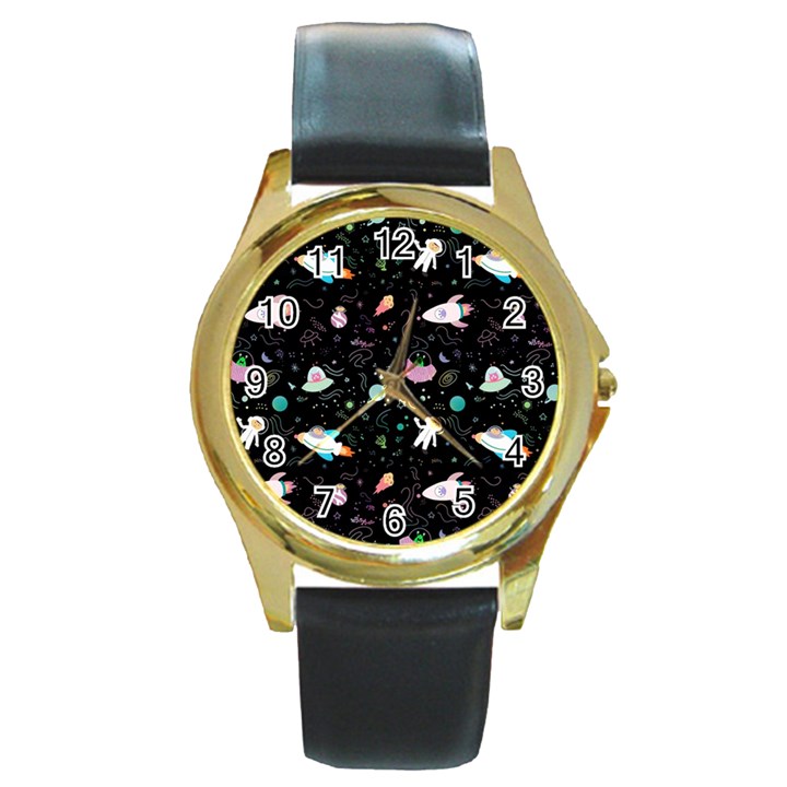 Funny Astronauts, Rockets And Rainbow Space Round Gold Metal Watch