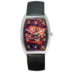 Root Humanity Bar And Qr Code In Flash Orange And Purple Barrel Style Metal Watch by WetdryvacsLair