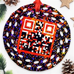 Root Humanity Bar And Qr Code In Flash Orange And Purple Round Filigree Ornament (two Sides) by WetdryvacsLair