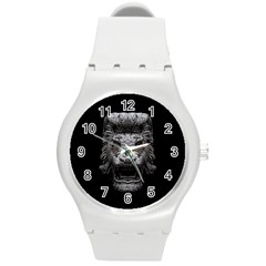 Creepy Lion Head Sculpture Artwork 2 Round Plastic Sport Watch (M)