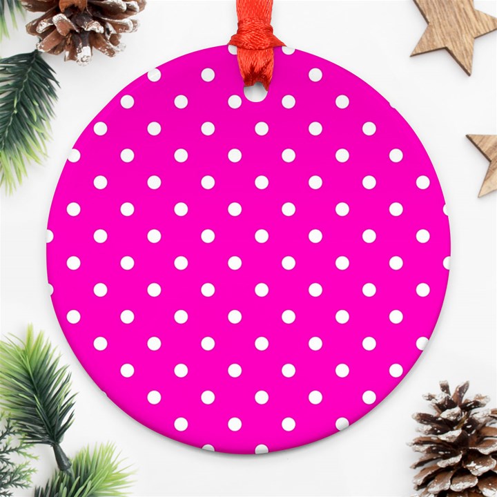 1950 Hello Pink White Dots Round Ornament (Two Sides)