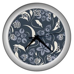 Folk Flowers Pattern  Wall Clock (silver) by Eskimos