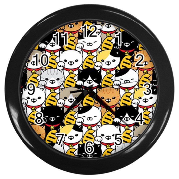 Cat-seamless-pattern-lucky-cat-japan-maneki-neko-vector-kitten-calico-pet-scarf-isolated-repeat-back Wall Clock (Black)