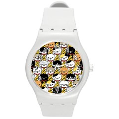 Cat-seamless-pattern-lucky-cat-japan-maneki-neko-vector-kitten-calico-pet-scarf-isolated-repeat-back Round Plastic Sport Watch (m) by elchino