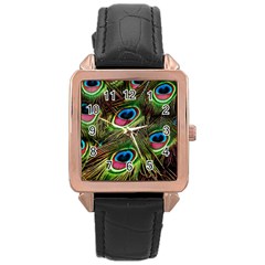 Peacock-feathers-plumage-pattern Rose Gold Leather Watch  by Sapixe