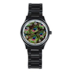 Peacock-feathers-plumage-pattern Stainless Steel Round Watch by Sapixe