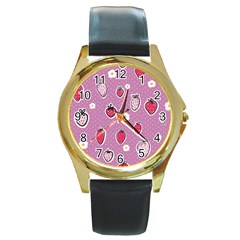 Juicy Strawberries Round Gold Metal Watch by SychEva