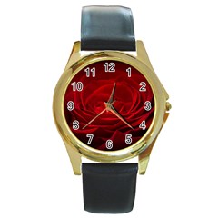 Rose-red-rose-red-flower-petals-waves-glow Round Gold Metal Watch by Sapixe