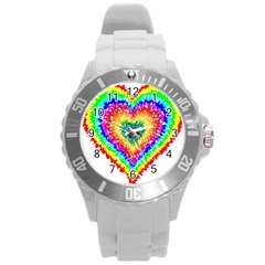 Tie Dye Heart Colorful Prismatic Round Plastic Sport Watch (l) by Sapixe