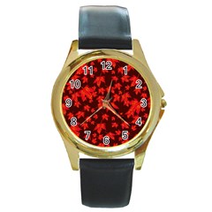 Red Oak And Maple Leaves Round Gold Metal Watch by Daria3107