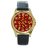 Autumn Pattern,oak And Maple On Burgundy Round Gold Metal Watch Front