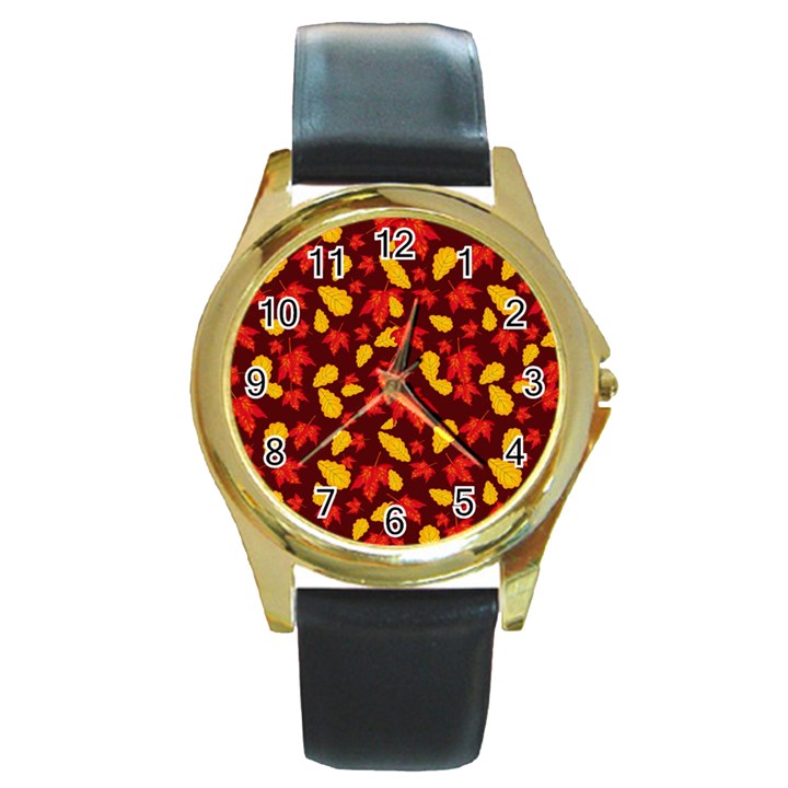 Autumn Pattern,oak And Maple On Burgundy Round Gold Metal Watch