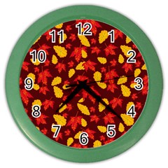 Autumn Pattern,oak And Maple On Burgundy Color Wall Clock by Daria3107