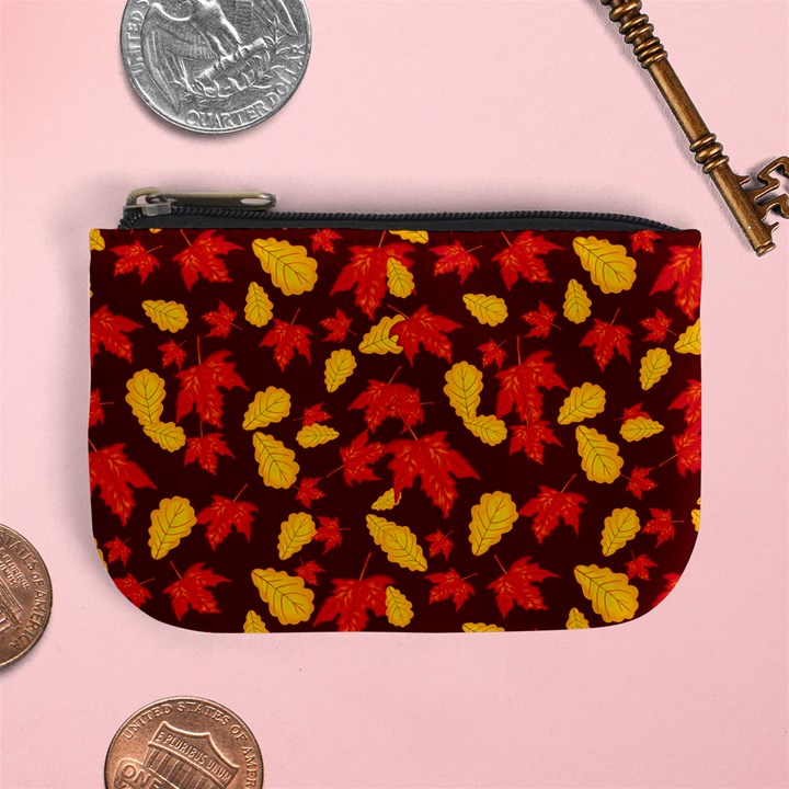 Autumn Pattern,oak And Maple On Burgundy Mini Coin Purse