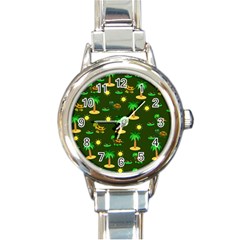 Turtle And Palm On Green Pattern Round Italian Charm Watch by Daria3107