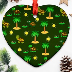 Turtle And Palm On Green Pattern Ornament (heart) by Daria3107